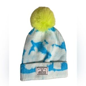Justice Blue and White Knit Beanie with Neon Yellow Pom